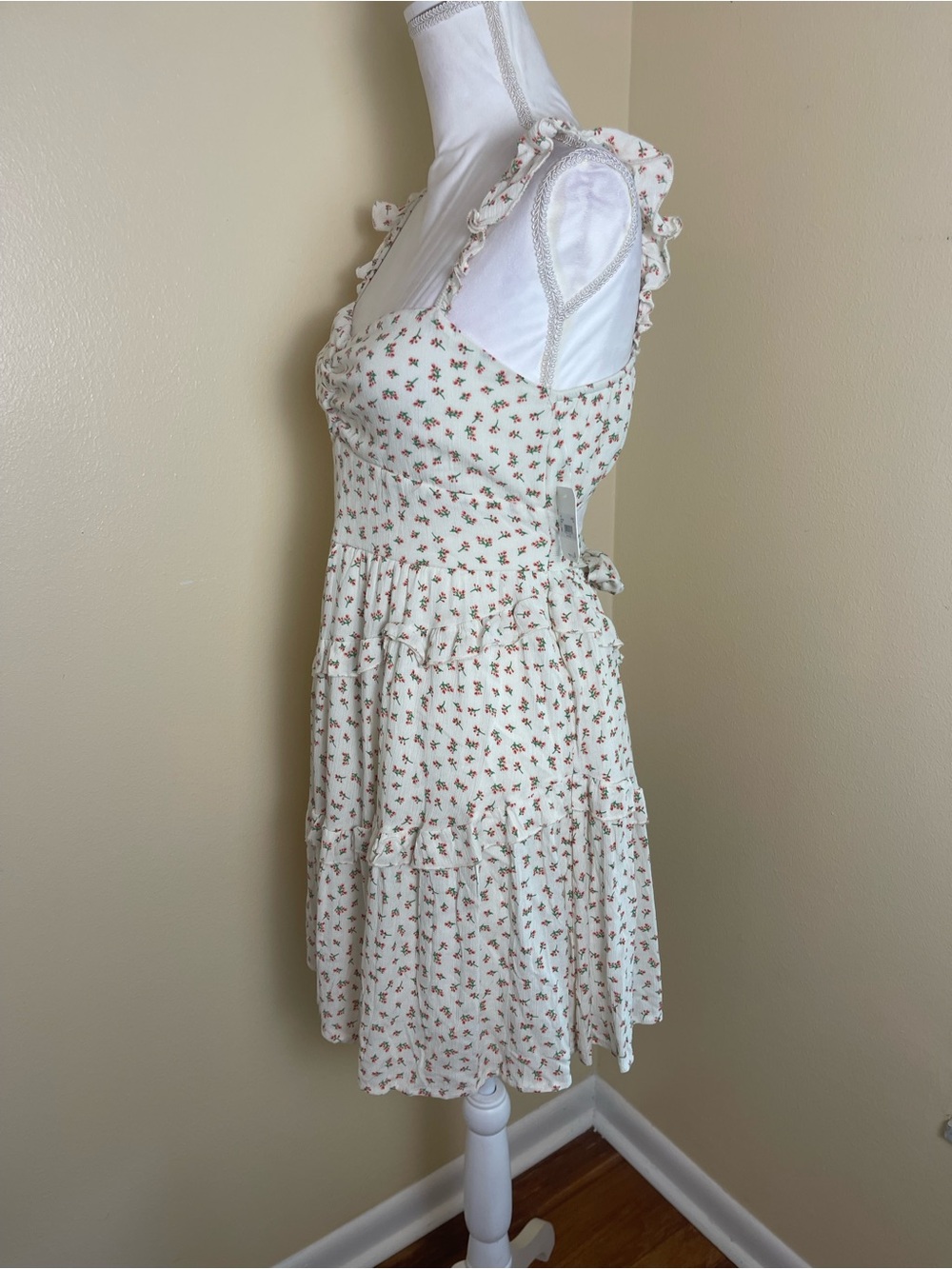 Coquette Floral Ruffle Mini Dress Tiered Cottagecore Tie Back Cutout Sundress M - Picture 6 of 16
